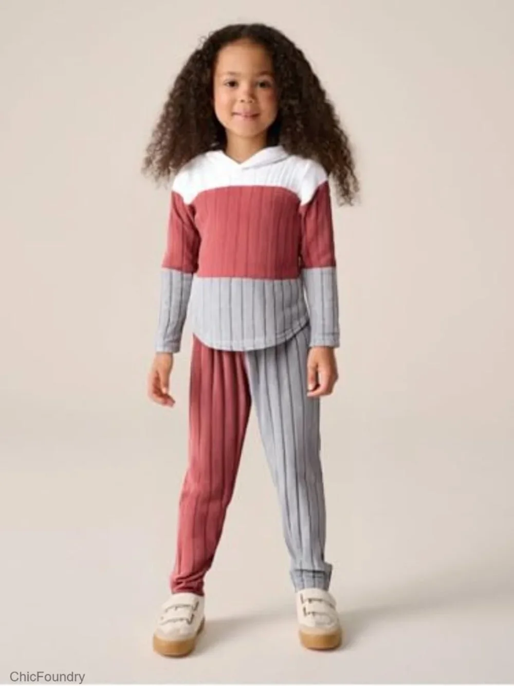 Girls Ribbed Colorblock Hoodie Sweatsuit Set Long Sleeve Pullover and Pants